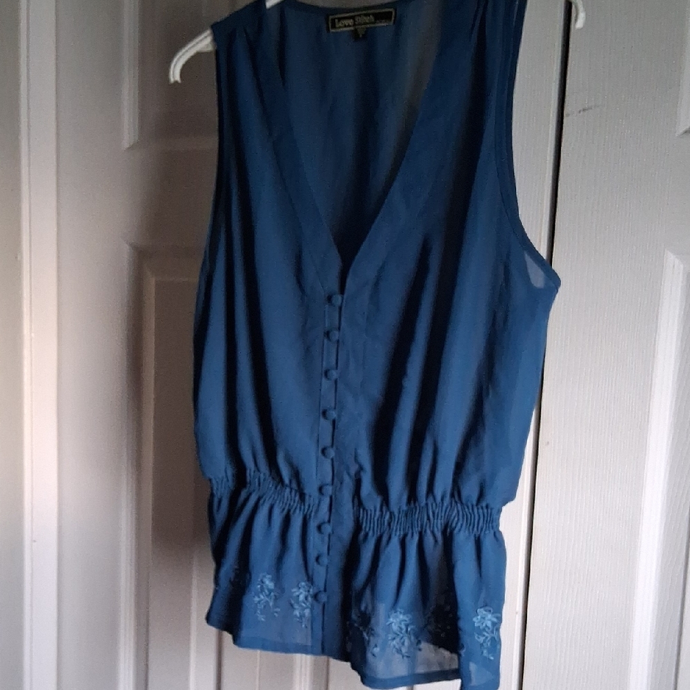 Love Stitch Blue Buttoned Peplum Blouse with Bell Sleeves